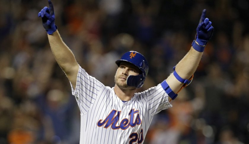 New York Mets' Pete Alonso reacts after hitting his 53rd home run of the season during the third inning of a baseball game against the Atlanta Braves, Saturday, Sept. 28, 2019, in New York. (AP Photo/Adam Hunger)