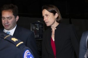 Former White House advisor on Russia, Fiona Hill, leaves Capitol Hill in Washington, Monday, Oct. 14, 2019, after testifying before congressional lawmakers as part of the House impeachment inquiry into President Donald Trump. (AP Photo/Manuel Balce Ceneta)