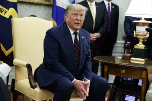 President Donald Trump speaks during a meeting with Italian President Sergio Mattarella in the Oval Office of the White House, Wednesday, Oct. 16, 2019, in Washington. (AP Photo/Evan Vucci)