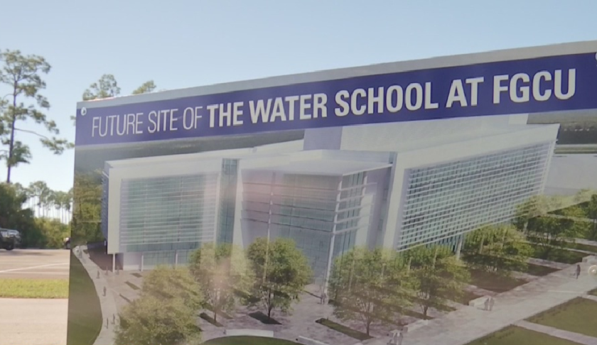 Board announcing the future site of The Water School at Florida Gulf Coast University. (Credit: WINK News)