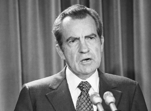 FILE - In this April 17, 1973 file photo, President Richard Nixon speaks during White House news briefing in Washington. (AP Photo/Henry Burroughs. File)