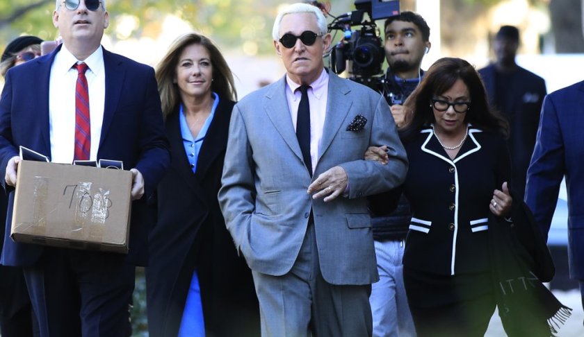 Roger Stone, with his wife, Nydia Stone, right, arrive at the federal court in Washington, Tuesday, Nov. 5, 2019. Stone, a longtime Republican provocateur and former confidant of President Donald Trump, goes on trial over charges related to his alleged efforts to exploit the Russian-hacked Hillary Clinton emails for political gain. (AP Photo/Manuel Balce Ceneta)