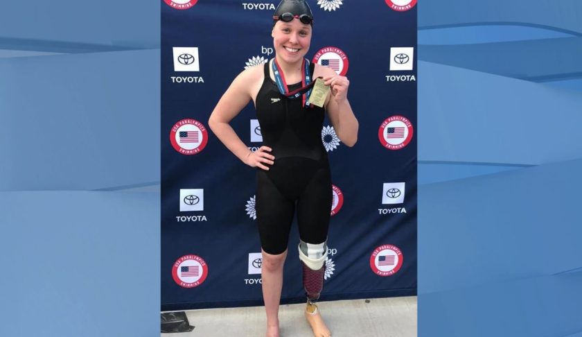 After losing a leg, swimmer Morgan Stickney still competed, and two events at the 2018 National Paralympic Championships. (Credit: family photo via CBS News)
