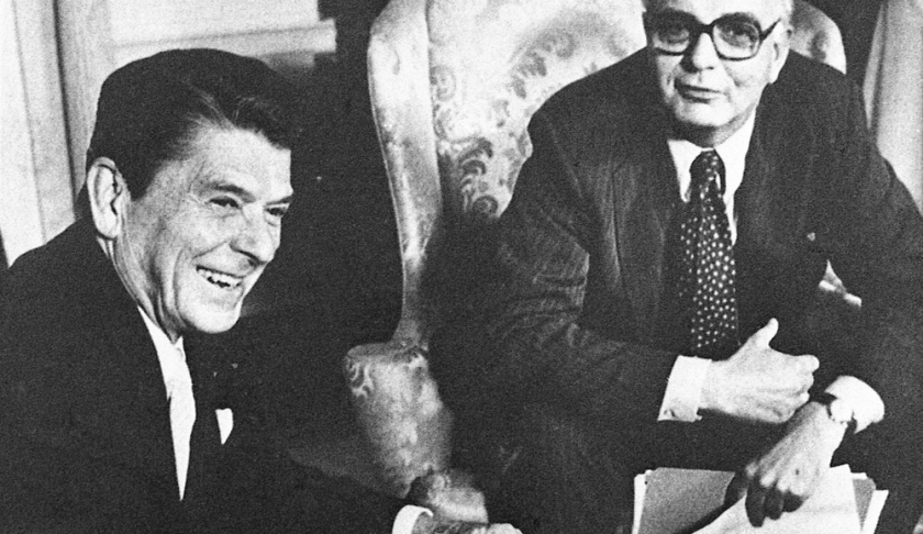 FILE - In this July 16, 1981, file photo Federal Reserve Board chairman Mr. Paul Volcker, right, meets with President Ronald Reagan in the Oval Office in Washington. Volcker, the former Federal Reserve chairman died on Sunday, Dec. 8, 2019, according to his office, He was 92. (AP Photo/J. Scott Applewhite File)