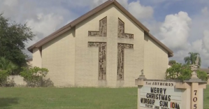 Outside of the church vandalized on Saturday morning. (Credit: WINK News)