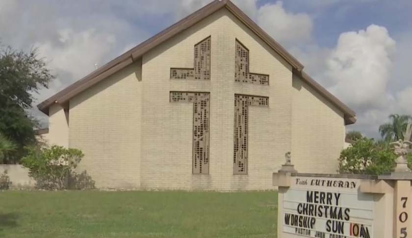 Outside of the church vandalized on Saturday morning. (Credit: WINK News)