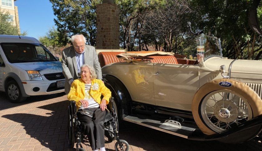 To celebrate their 80th year together, 106-year-old John Henderson picked up 105-year-old Charlotte Henderson in a 1920's Roadster -- much like he did on their first date -- with a beautiful bouquet of flowers. (Credit: Longhorn Village Senior Living Community)