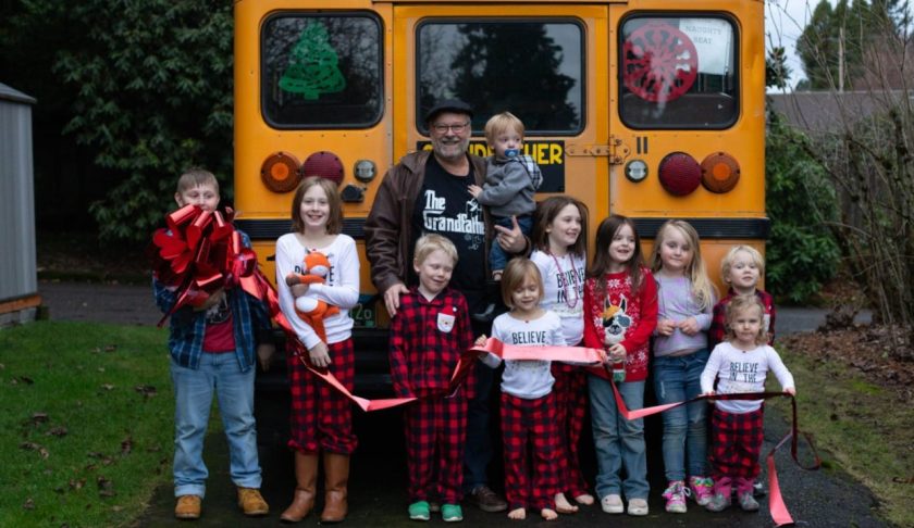 A grandfather in Oregon just bought a small school bus so he can take his 10 grandchildren to school. (Courtesy Amy Hayes)