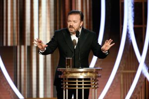 BEVERLY HILLS, CALIFORNIA - JANUARY 04: In this handout photo provided by NBCUniversal Media, LLC, host Ricky Gervais speaks onstage during the 76th Annual Golden Globe Awards at The Beverly Hilton Hotel on January 5, 2020 in Beverly Hills, California. (Photo by Paul Drinkwater/NBCUniversal Media, LLC via Getty Images)