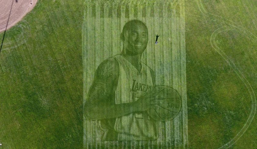 Kelli Pearson and her husband, Pete Davis, created a 115-foot tall mural of Kobe Bryant in a grass field in California. (Courtesy of Kelli Pearson)