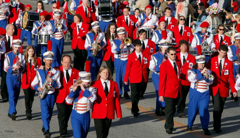 Ohio State School for the Blind Marching band led by guides moves along Colorado Blvd. during the 121st Rose Parade in Pasadena Calif., on Friday, Jan 1, 2010. (AP Photo/Richard Vogel)