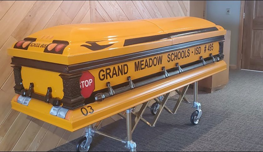 Glen Davis, a Minnesota school bus driver, ferried kids to and from school for 55 years before his death. His casket is an homage to his best-loved job. (Credit: Hindt Funeral Home)