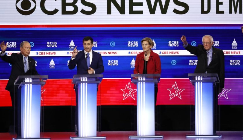From left, Democratic presidential candidates, former New York City Mayor Mike Bloomberg, former South Bend Mayor Pete Buttigieg, Sen. Elizabeth Warren, D-Mass., and Sen. Bernie Sanders, I-Vt., participate in a Democratic presidential primary debate at the Gaillard Center, Tuesday, Feb. 25, 2020, in Charleston, S.C., co-hosted by CBS News and the Congressional Black Caucus Institute. (AP Photo/Patrick Semansky)