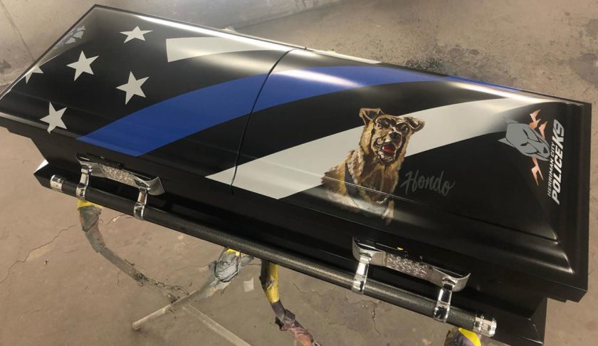 Hondo, a K-9 with Herriman City's Police Department, was shot while assisting officers apprehending a fugitive in Salt Lake City on February 13. Rawtin Garage revealed a special casket for the late K-9 officer. (Credit: Rawtin Garage/Facebook)