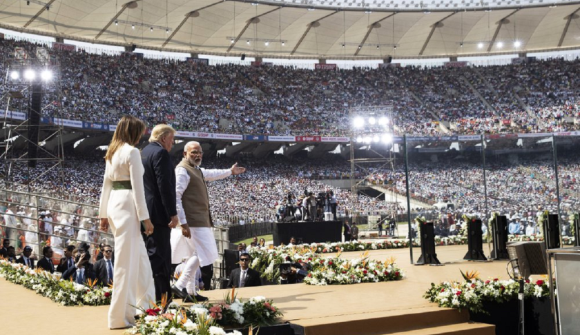 U.S. President Donald Trump, first lady Melania Trump, and Indian Prime Minister Narendra Modi arrive for a "Namaste Trump," event at Sardar Patel Stadium, Monday, Feb. 24, 2020, in Ahmedabad, India. After Air Force One touched down in Ahmedabad in western India, Trump's motorcade slowly drove down streets lined with hundreds of thousands of onlookers. He began that day's high-wattage trio of presidential photo-ops: a visit to a former home of independence leader Mohandas Gandhi, a rally at a huge cricket stadium and a trip to the famed Taj Mahal. (AP Photo/Alex Brandon)