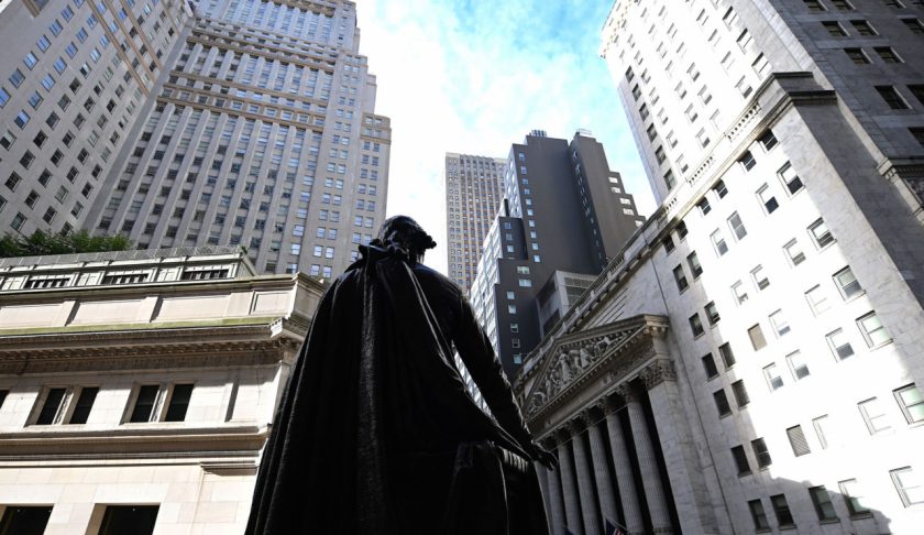 The statue of George Washington is seen in front of the New York Stock Exchange (NYSE) on October 11, 2019 at Wall Street in New York City. - Wall Street stocks jumped early Friday on optimism for progress in US-China negotiations, including a possible agreement to pause new tariff measures. The talks in Washington, now in their second day, were given a positive push by US President Donald Trump, who said the negotiations were "going really well" and was scheduled to meet later Friday with China's top trade envoy Liu He. (Photo by Johannes EISELE / AFP) (Photo by JOHANNES EISELE/AFP via Getty Images)