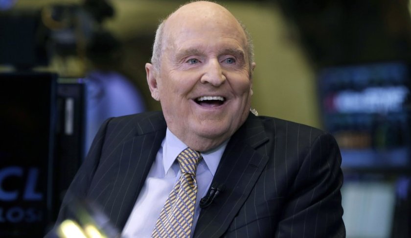 FILE - In this Oct. 22, 2013 file photo, former Chairman and CEO of General Electric Jack Welch appears on CNBC on the floor of the New York Stock Exchange. Welch, who transformed General Electric Co. into a highly profitable multinational conglomerate and parlayed his legendary business acumen into a retirement career as a corporate leadership guru, has died at the age of 84. (AP Photo/Richard Drew, File)