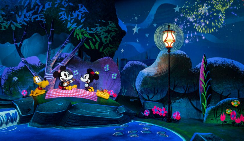 Mickey Mouse and Minnie Mouse search for their perfect picnic spot in Runnamuck Park as part of Mickey & Minnie’s Runaway Railway, the new family-friendly attraction opening March 4, 2020, in Disney’s Hollywood Studios at Walt Disney World Resort in Lake Buena Vista, Fla. The first ride-through attraction in Disney history featuring Mickey and Minnie brings guests into the vibrant world of “Mickey Mouse” cartoon shorts. (Kent Phillips, photographer)
