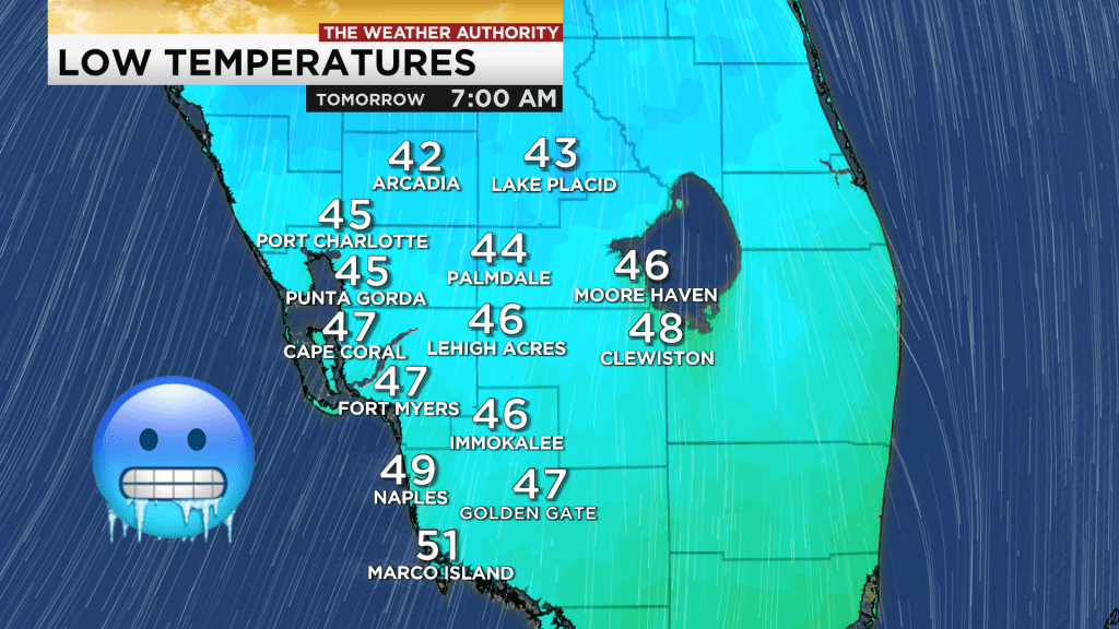 Lows to dip into the 40s and 50s behind a Southwest Florida cold front