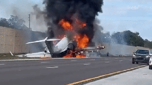 An animated image of a plane just after it crashed on I-75 near Naples. CREDIT: WINK News