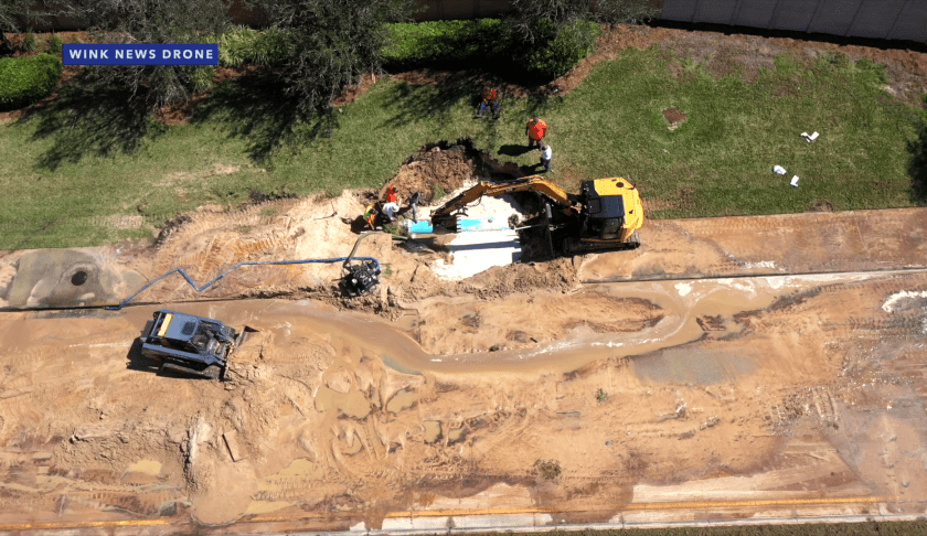 Drone footage of crews at the scene of a watermain break in Fort Myers. CREDIT: WINK News