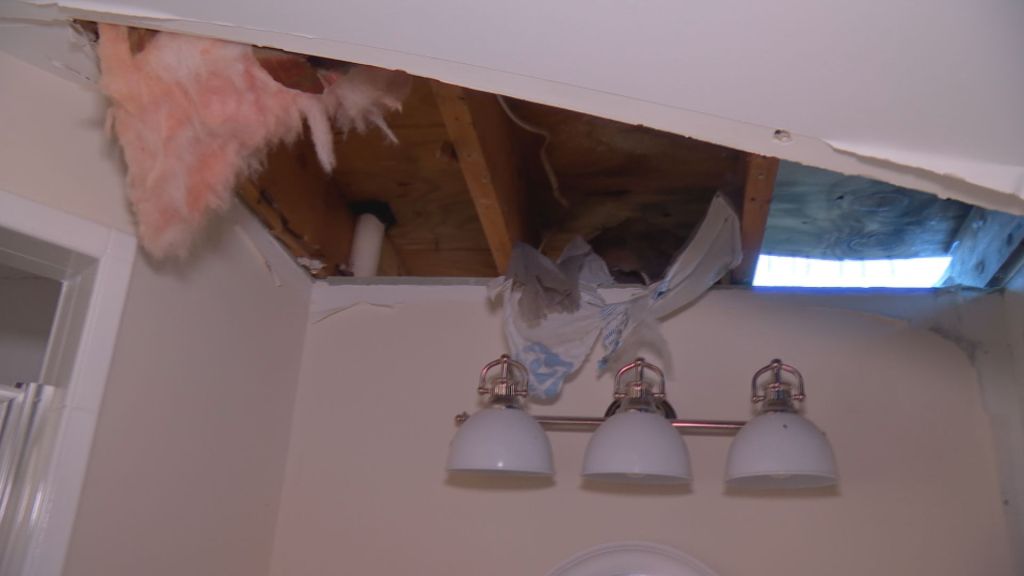 Ford's bathroom ceiling after Hurricane Ian, waiting for insurer to fix home