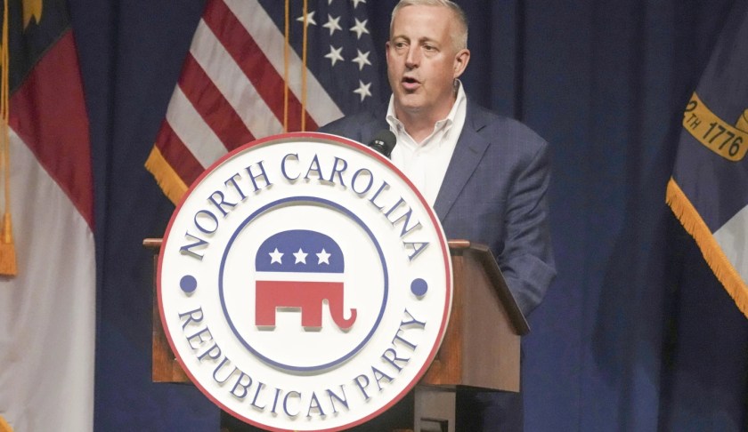 North Carolina GOP Chairman Michael Whatley speaks at the state party's convection on June 9, 2023. CREDIT: AP