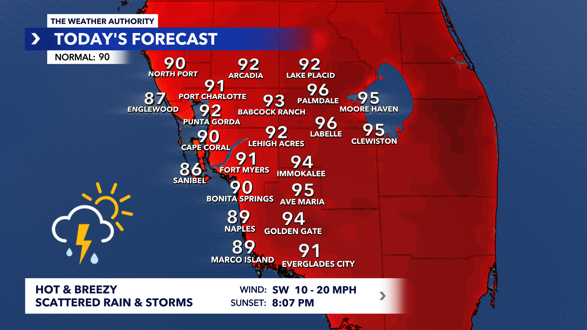 Hot and breezy with scattered rain and storms this Wednesday