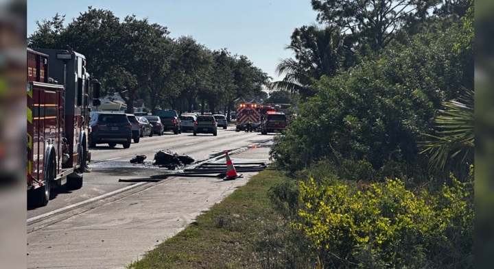 Debris on Lee Blvd. after crash. CREDIT: WINK News