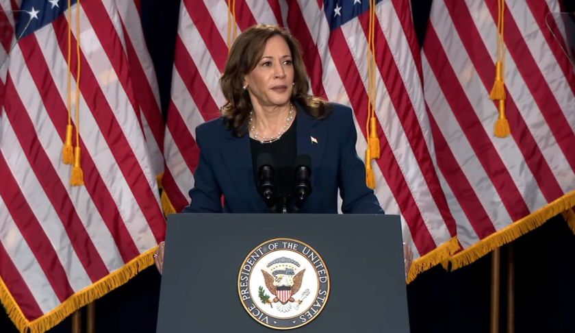 Kamala Harris speaking at a campaign event in Milwaukee