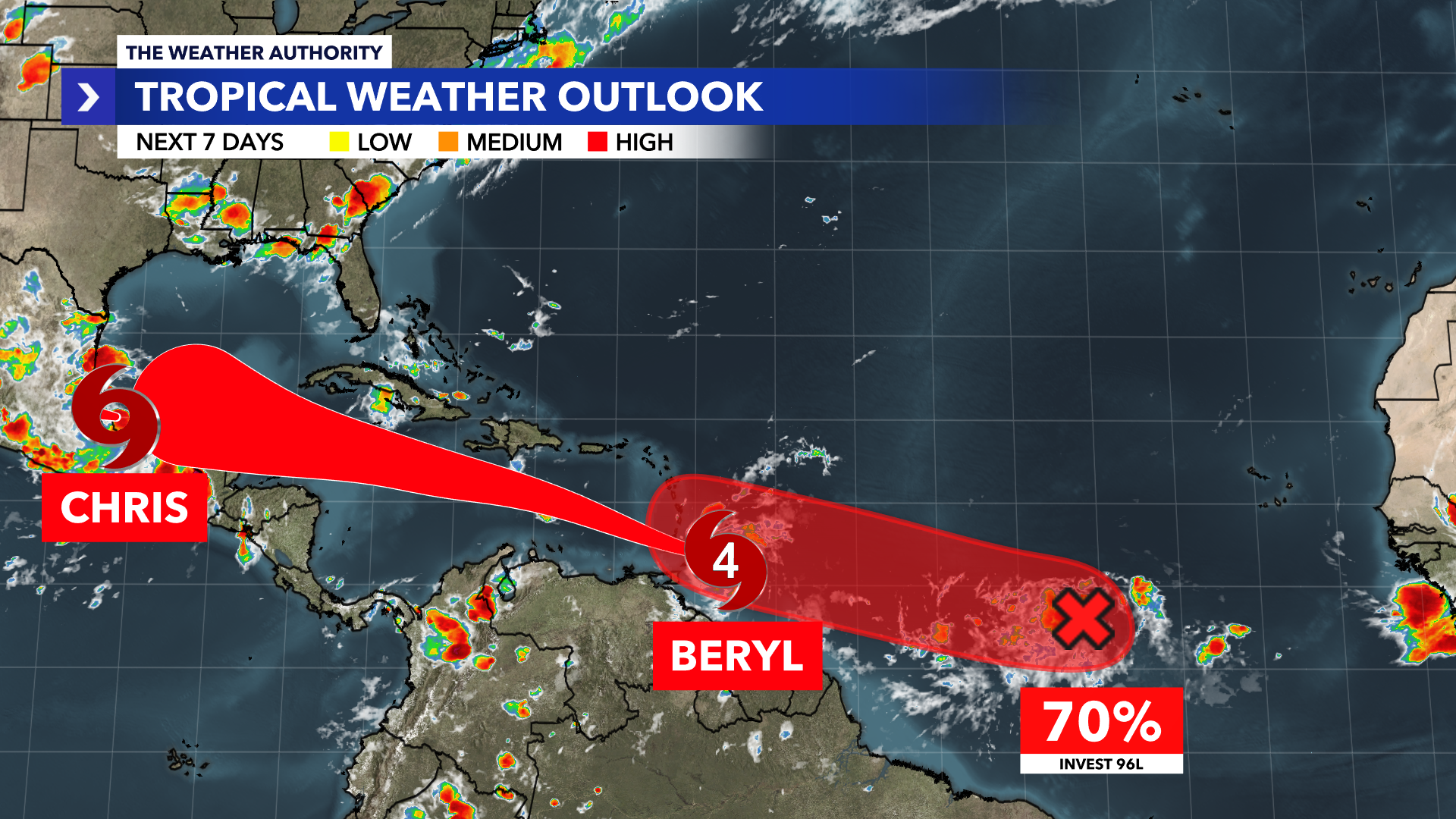 Hurricane Beryl, Tropical Storm Chris, Invest 96L