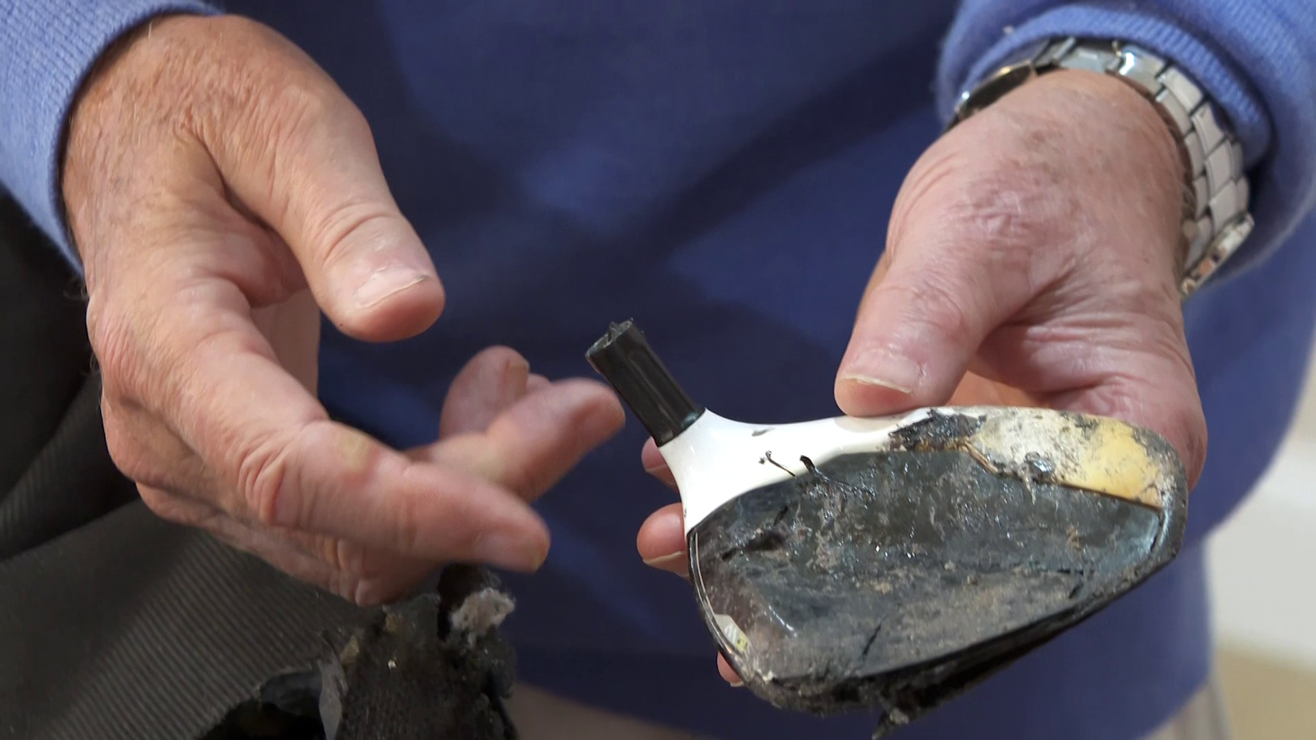 Estero man claims his golf equipment burned on flight